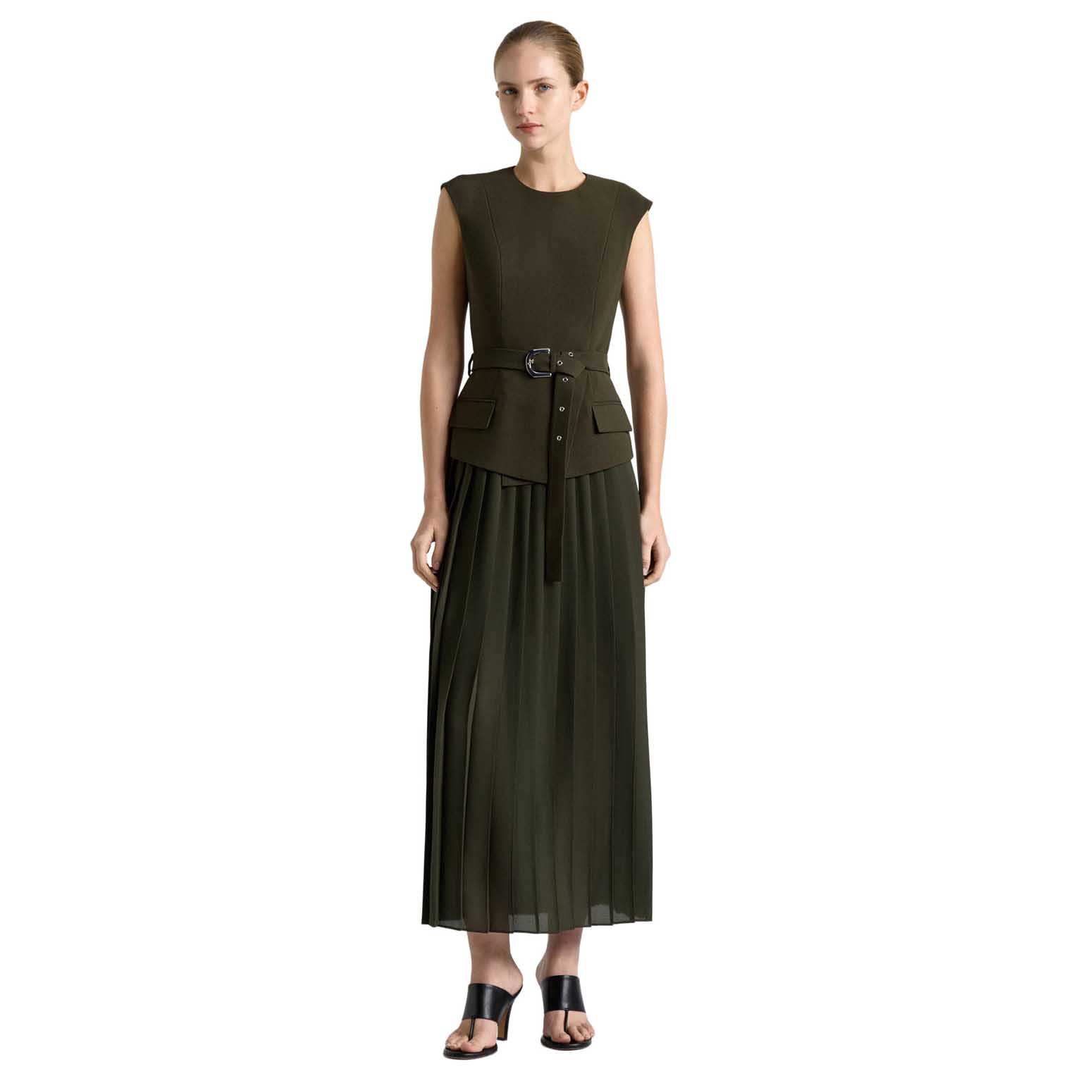 Cue Olivine Viscose Twill Pleated Midi Dress